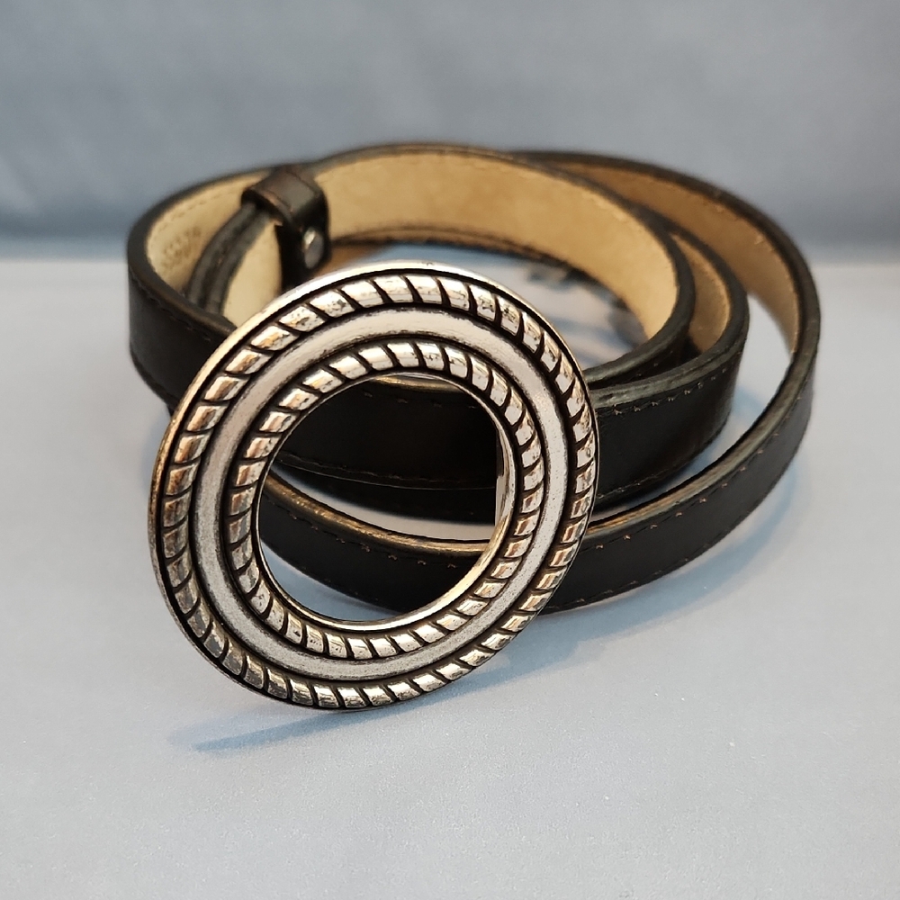 Elegant Black Leather Belt with Silver Color Buckle, M 34-35"